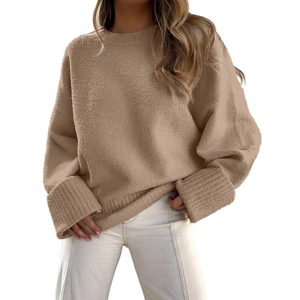 Women's Khaki - Light Camel Oversized Long Sleeve Casual Fuzzy Knit Sweaters